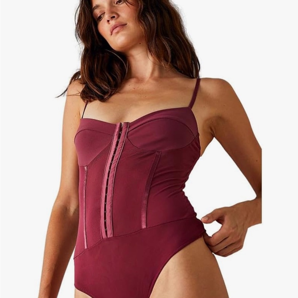 Free People Women's Night Rhythm Corset Bodysuit, Washed Maroon NWT